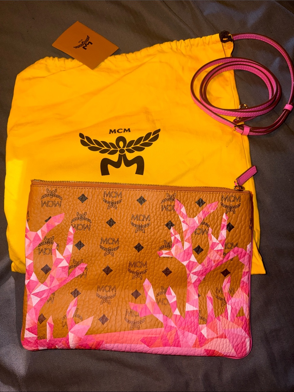 MCM Cognac Visetos Pink Coral-Print Zip Pouch with Pink Strap